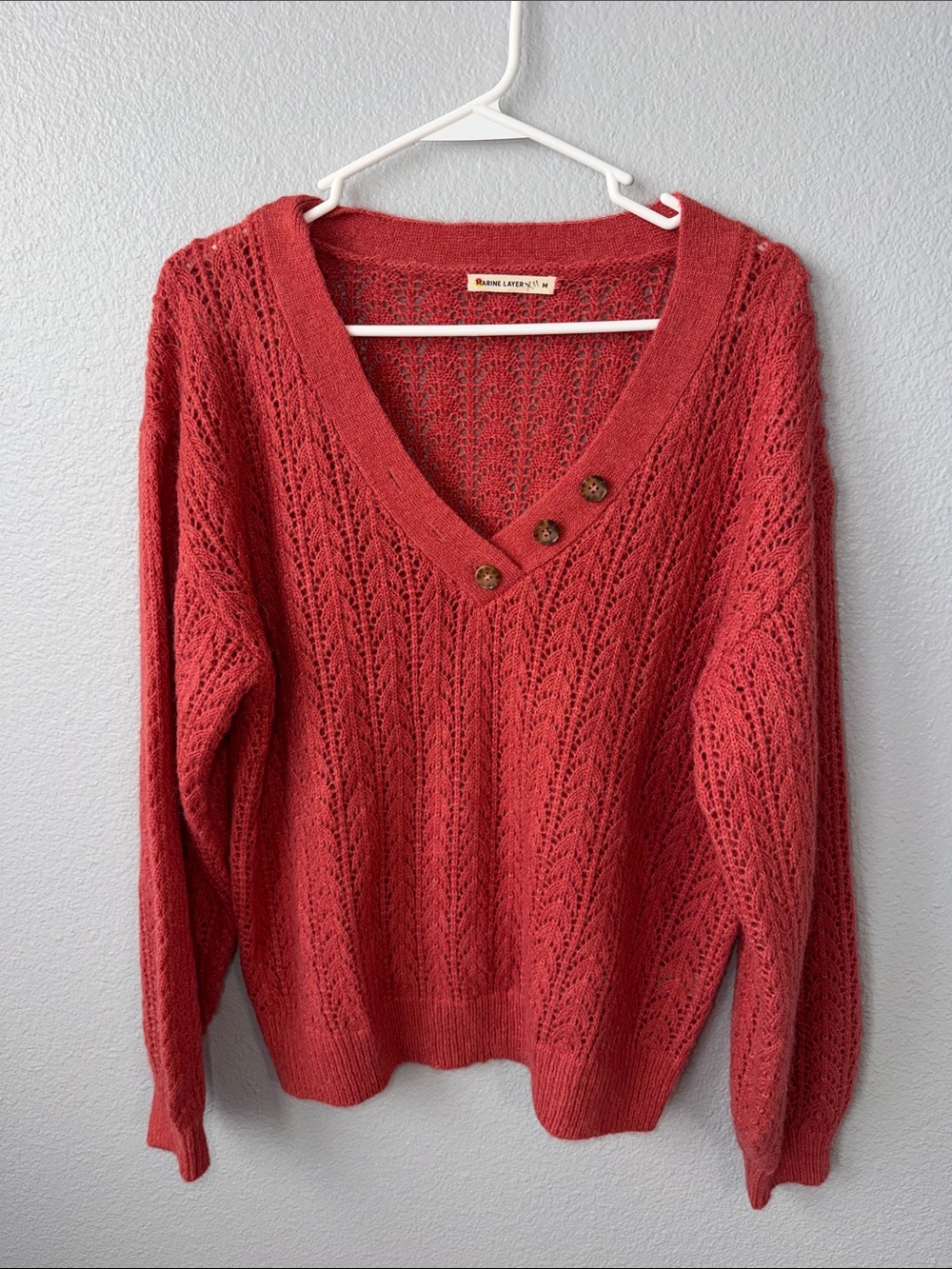 Marine Lauer Coral Red Open Knit V-Neck Sweater with Button Detail